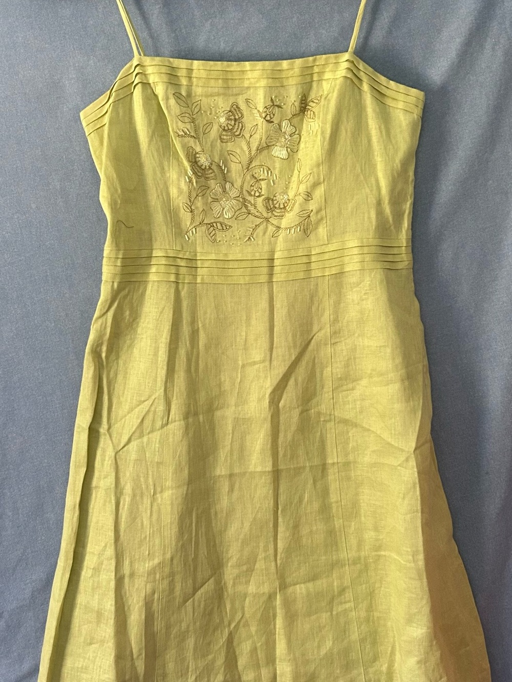 VTG Ann Taylor Linen Spaghetti Strap Dress Embroidered Bodice - Yellow SZ 10